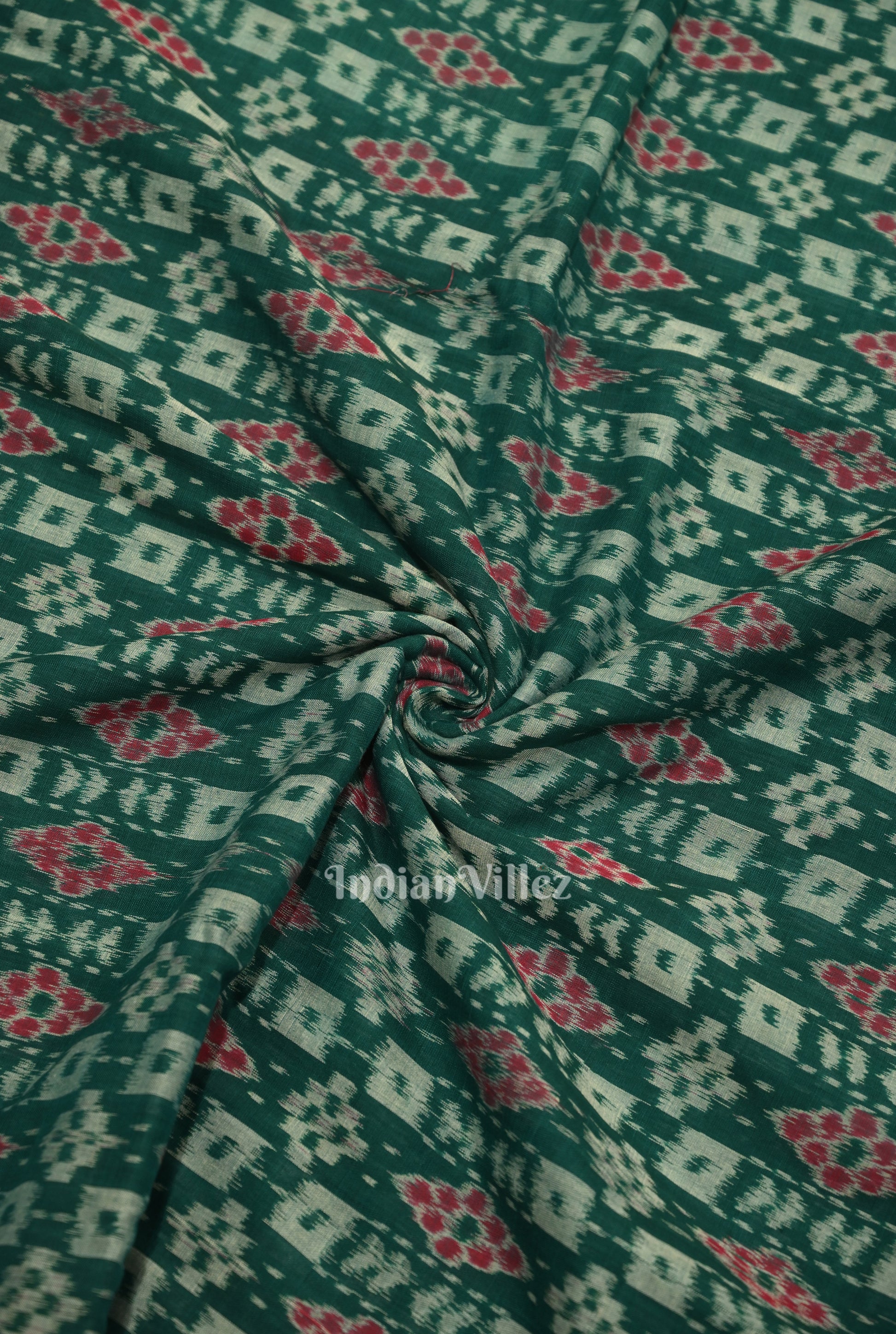 Green Floral Theme Sambalpuri Ikat Cotton Fabric 