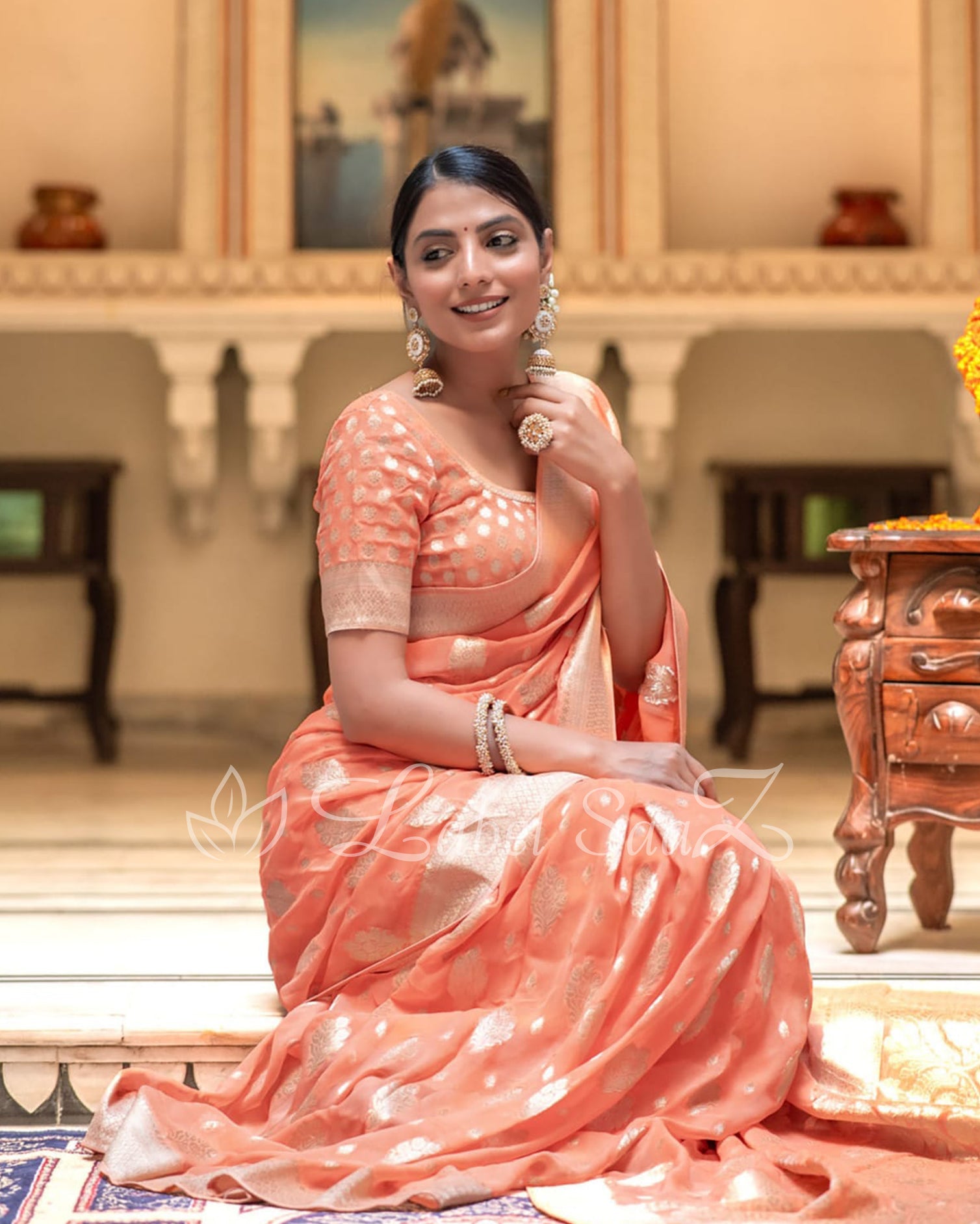 Peach Handwoven Georgette Banarasi Saree