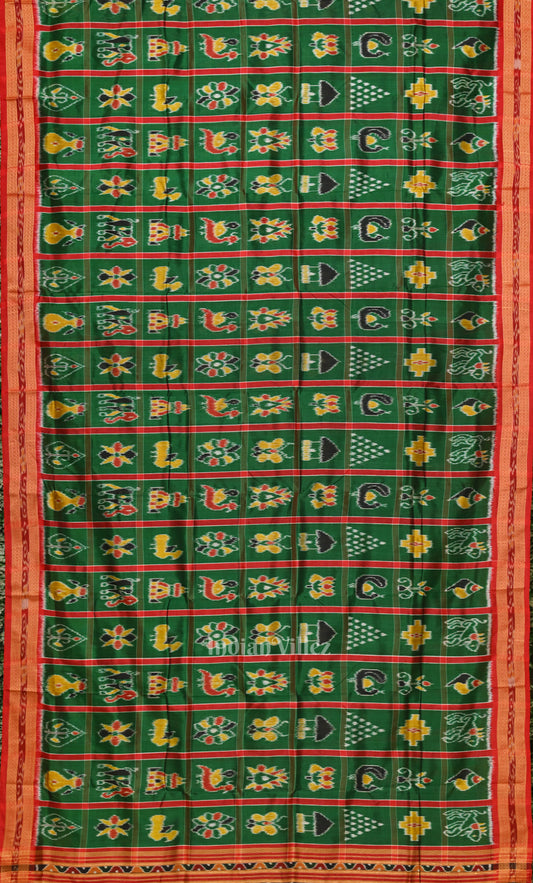 Green Red Nabakothi Odisha Ikat Khandua Silk Saree with Doli Barat Anchal 