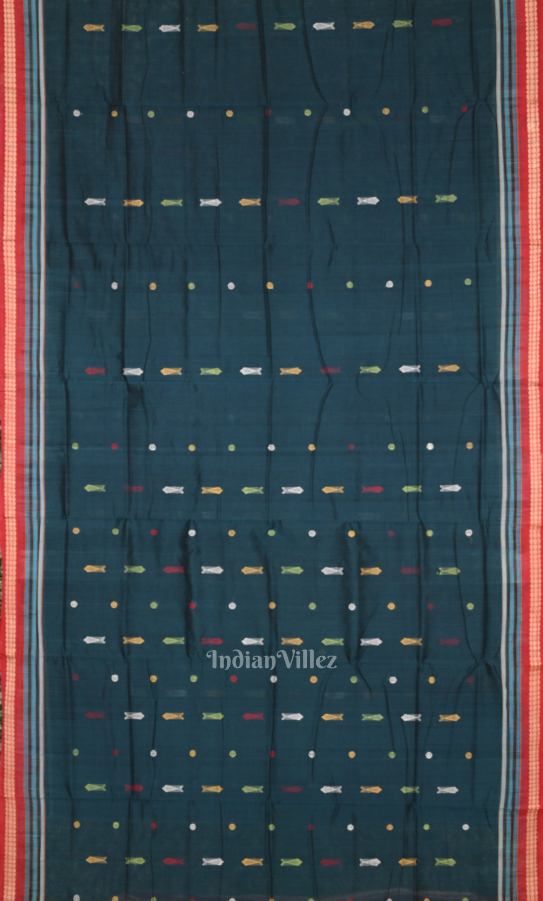 Teal Blue Fish Motif  Odisha Ikat Bomkai Cotton Saree 