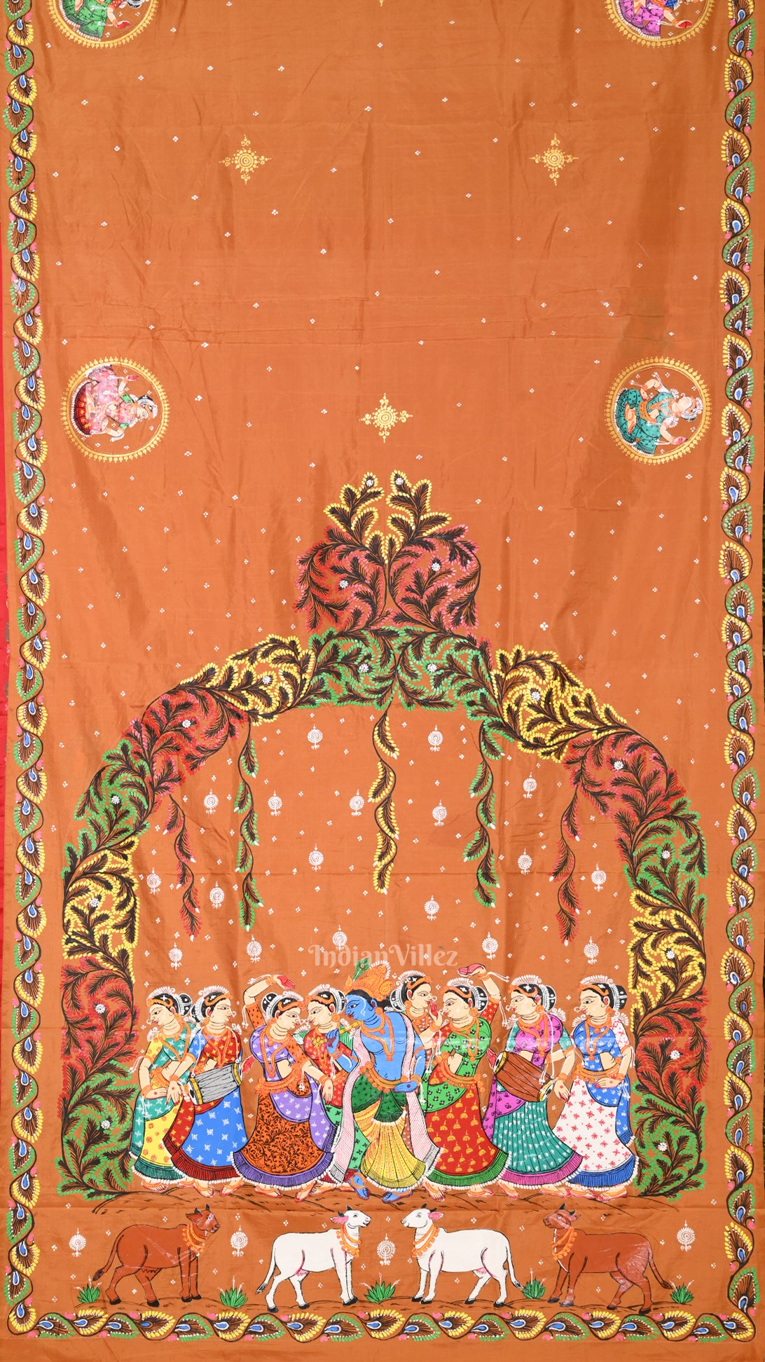 Orange Gold  Red Radha Krishna Rasleela Theme Pattachitra Saree