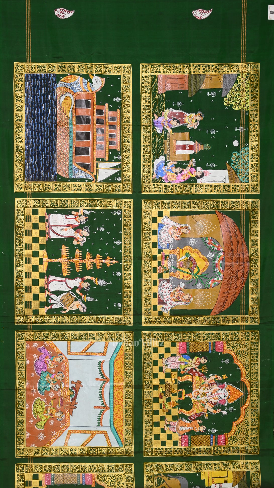 Green Red Hindu Festival Hand-Painted Pattachitra Saree 