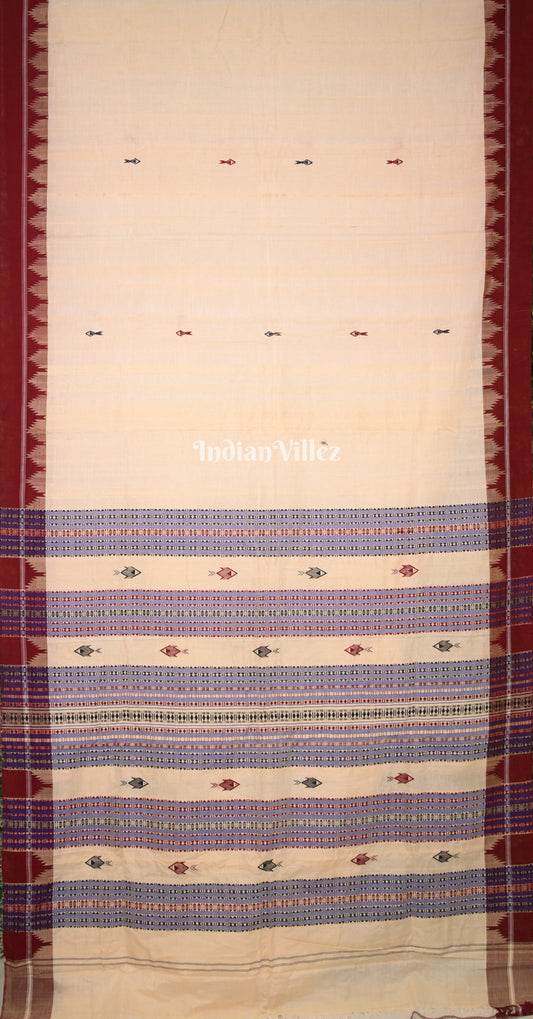 Cream Maroon Temple Border Odisha Handloom Natural Dye Kotpad Tussar Saree