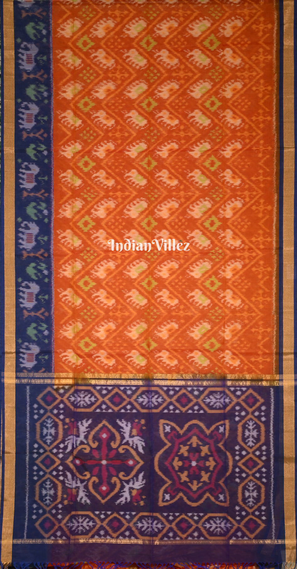 Rust Orange Blue Pochampally Ikat Silk Cotton (Sico) Saree