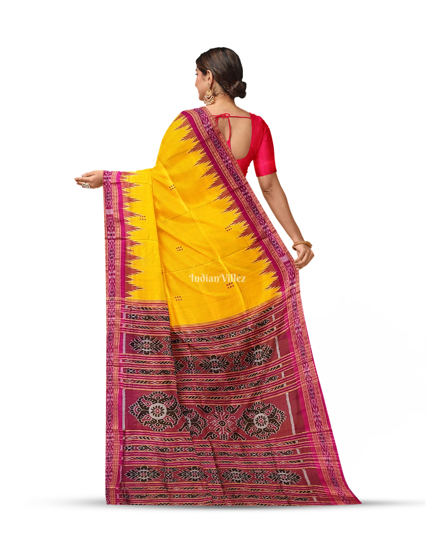 Yellow Red Butta design Odisha Ikat Khandua Silk Saree