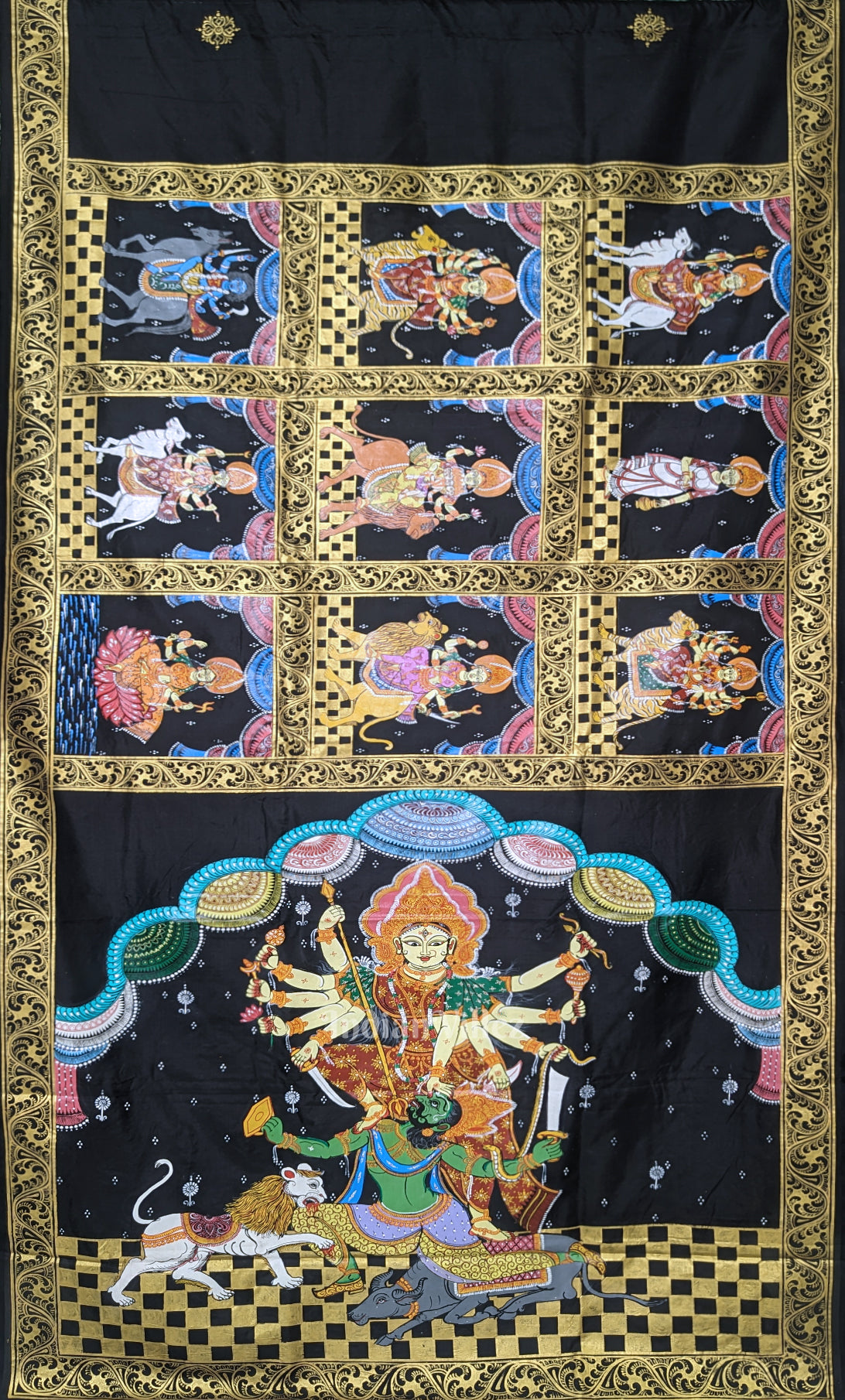 Black Navaratri Durga Puja Theme Hand-Painted Pattachitra Saree 