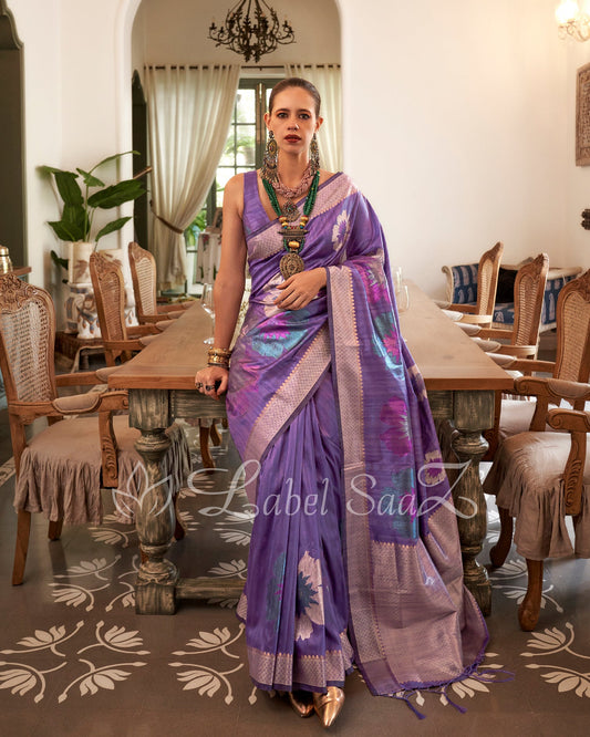 Silk Purple Zari Linen Designer Banarasi Saree - Kalki Koechlin Collection