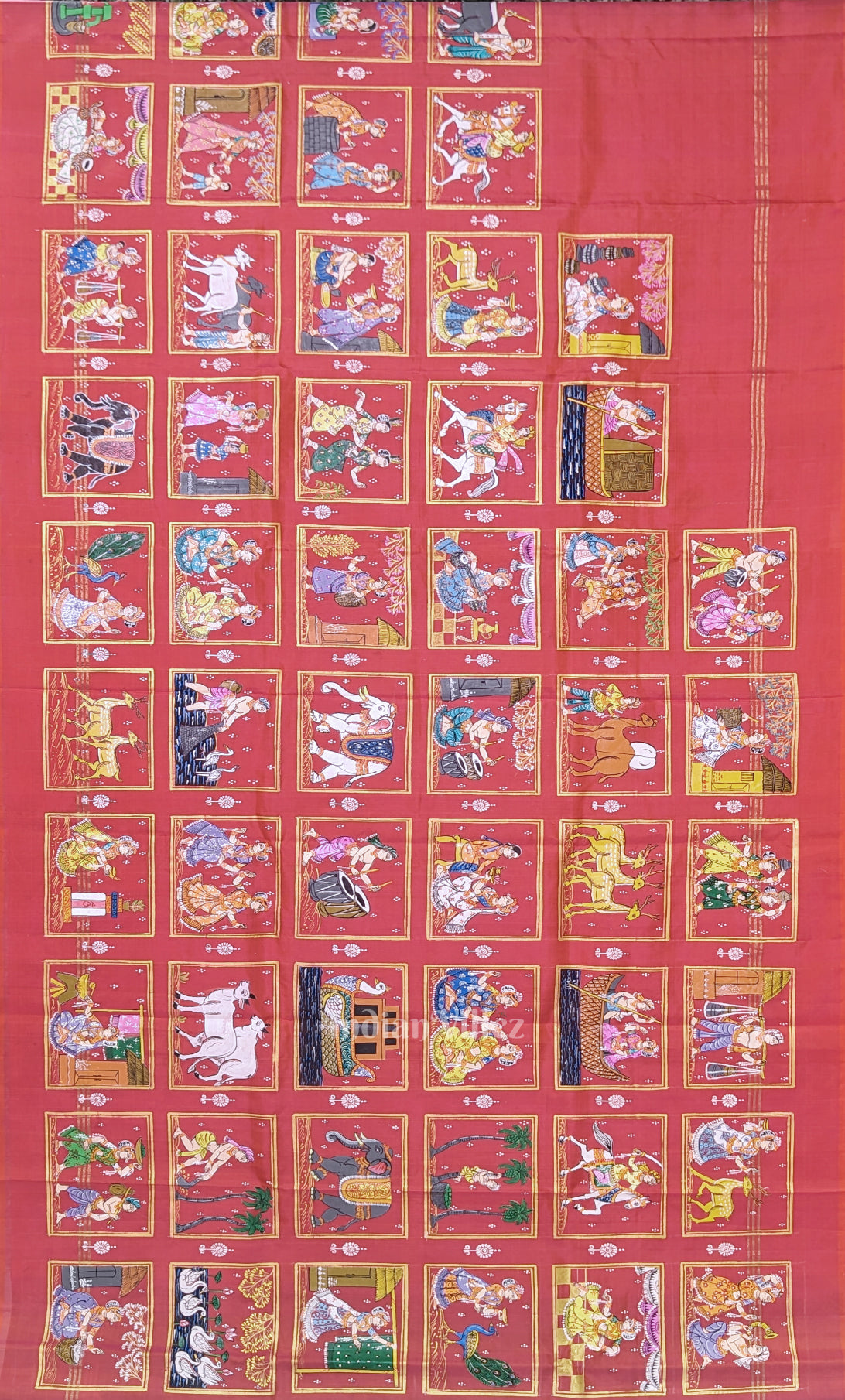 Red Green Radha Krishna Village Theme Pattachitra Saree 