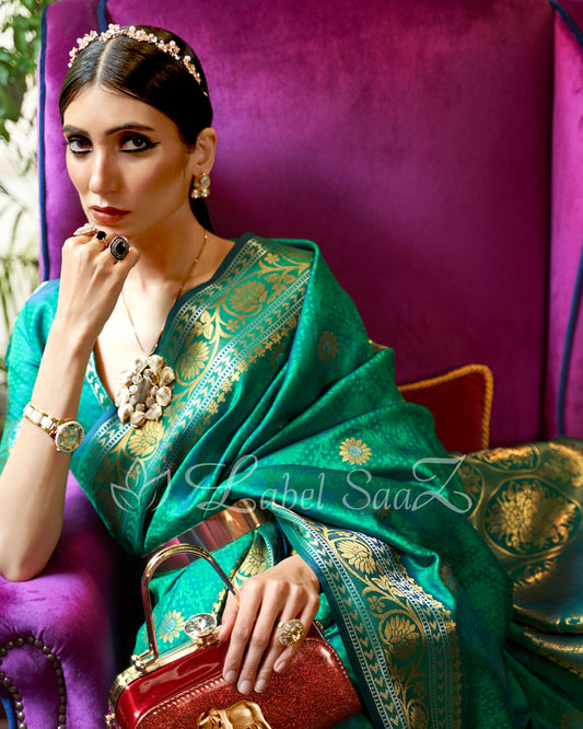 Rama Green Pure Handloom Katan Banarasi Saree