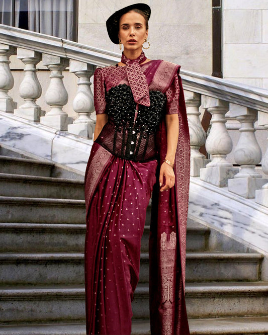 Wine Purple Handwoven Satin Silk Banarasi Saree With Brocade Blouse