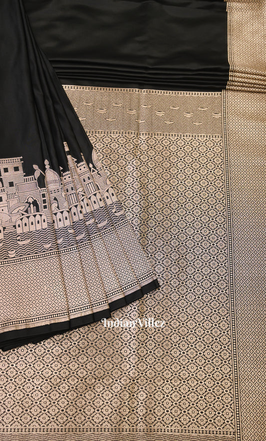 Black Handwoven Banarasi Katan Silk Saree with Kashi Ghat Weaves
