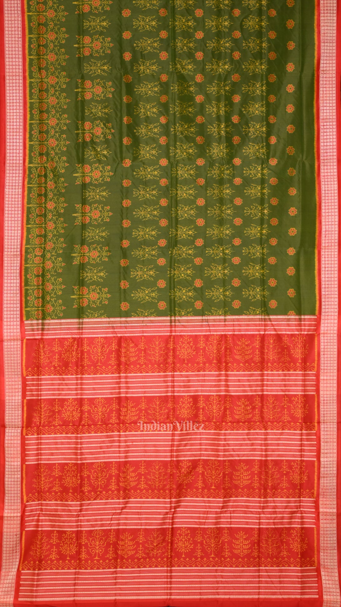 Mehendi Green Red Floral Motif Odisha Handloom Sambalpuri Silk Saree 