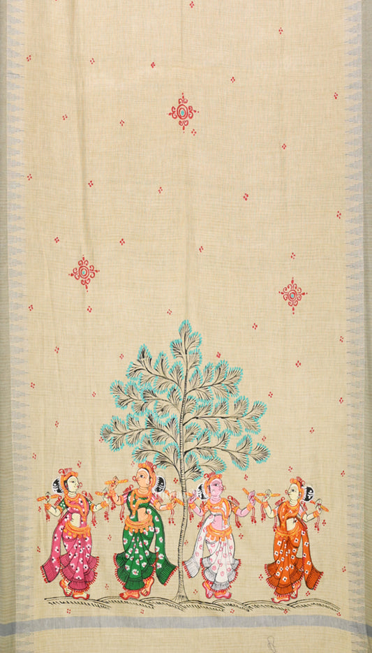Cream Dandiya Hand-Painted Tussar Pattachitra Dupatta