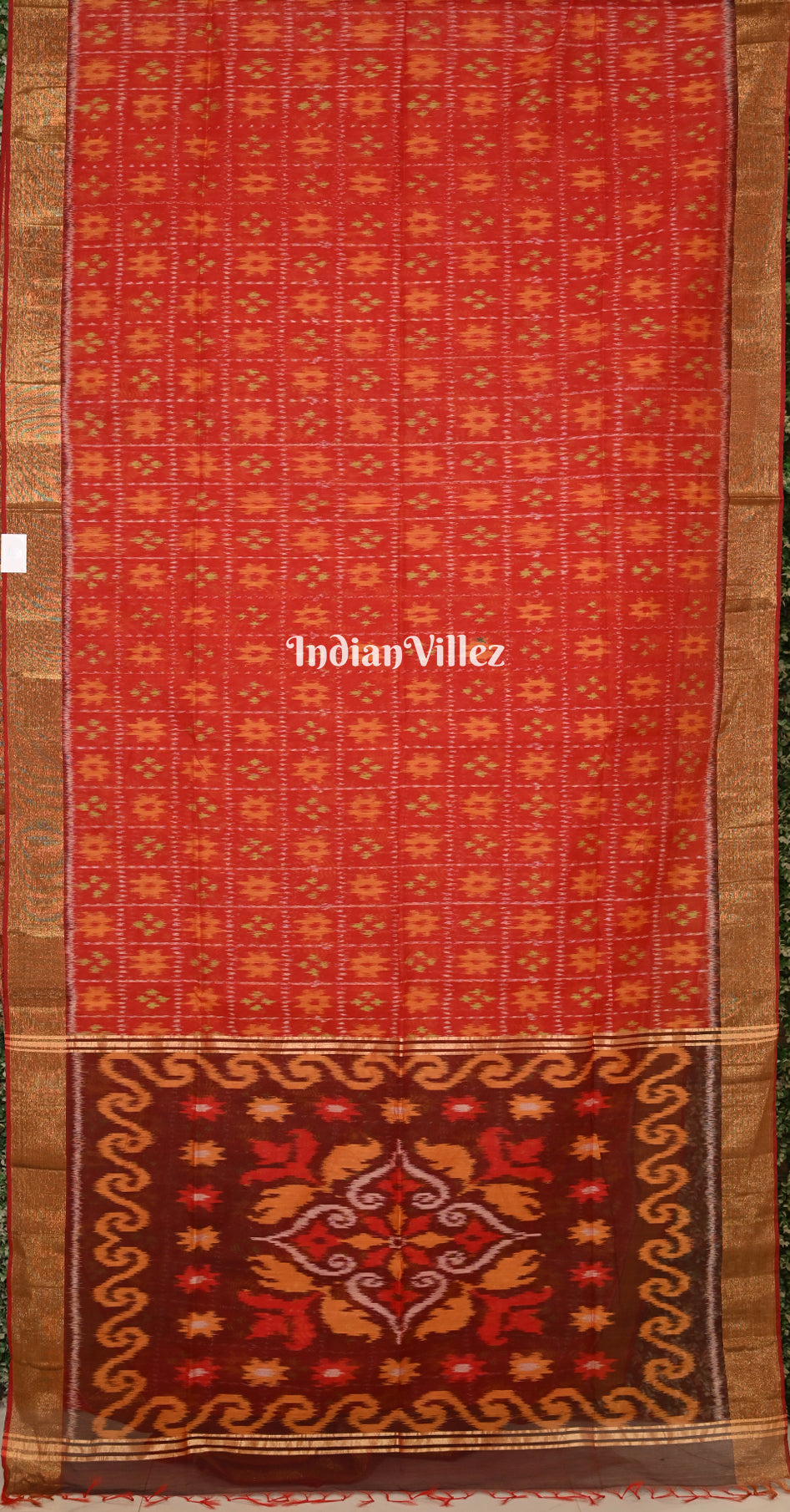 Red Coffee Pochampally Ikat Silk Cotton (Sico) Saree