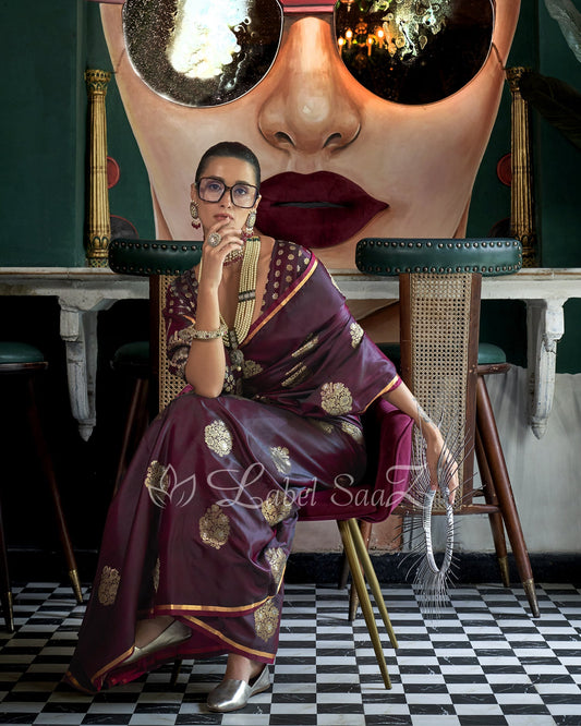 Wine Pure Satin Weaving Banarasi Silk Saree