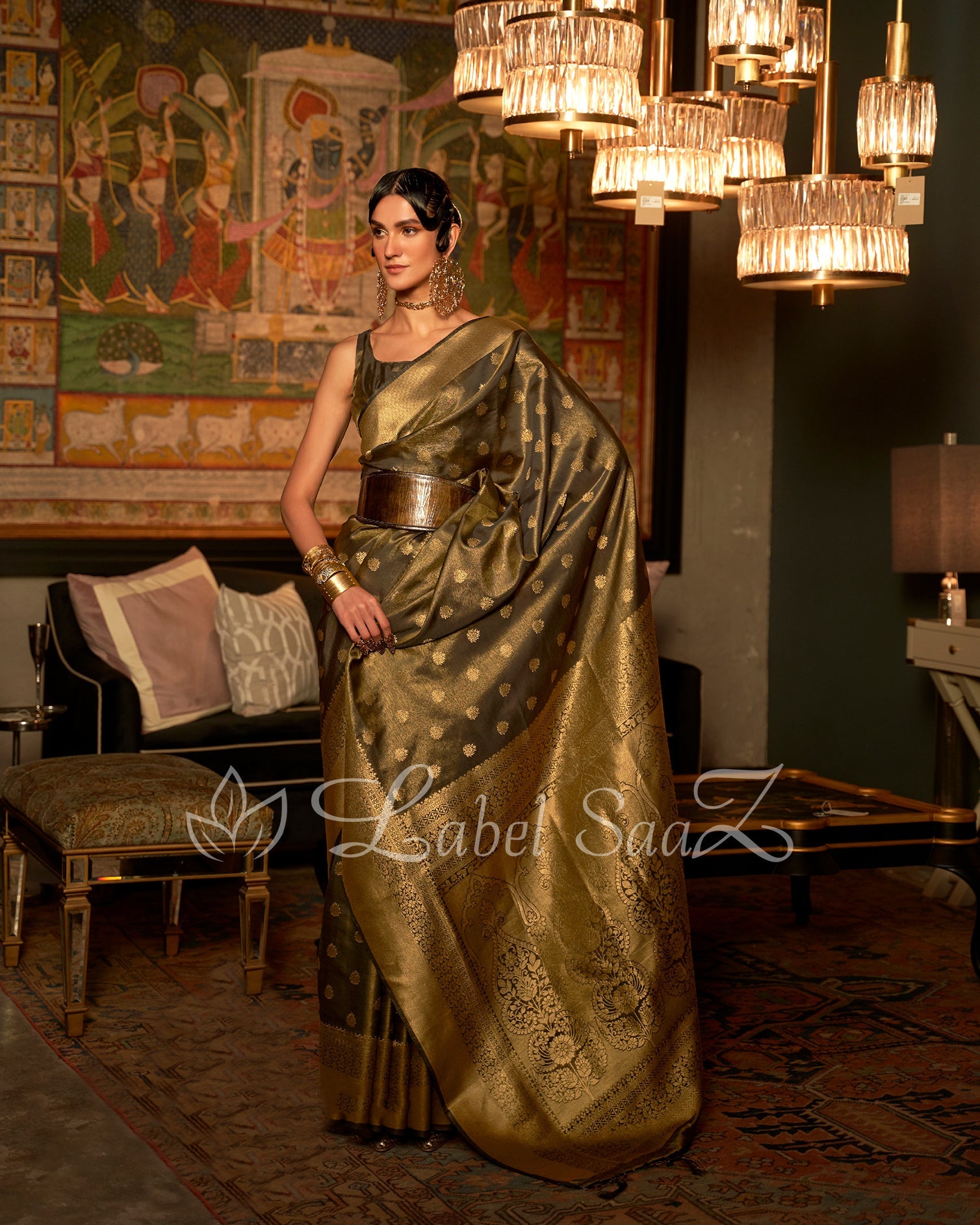 Mehndi Green Zari Base Tissue Banarasi Handloom Saree