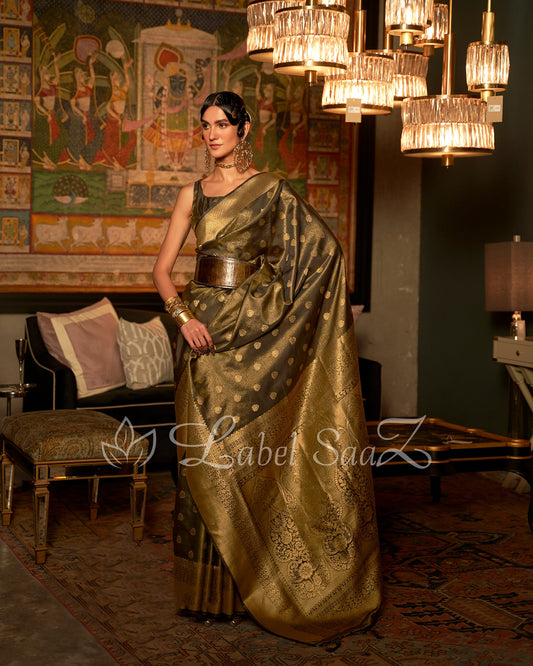 Mehndi Green Zari Base Tissue Banarasi Handloom Saree