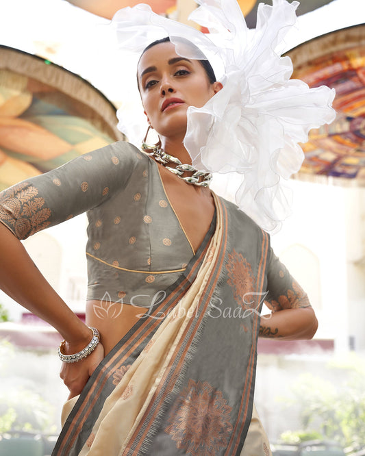 Off White Dual Tone Contrast Handloom Weaving Silk Saree