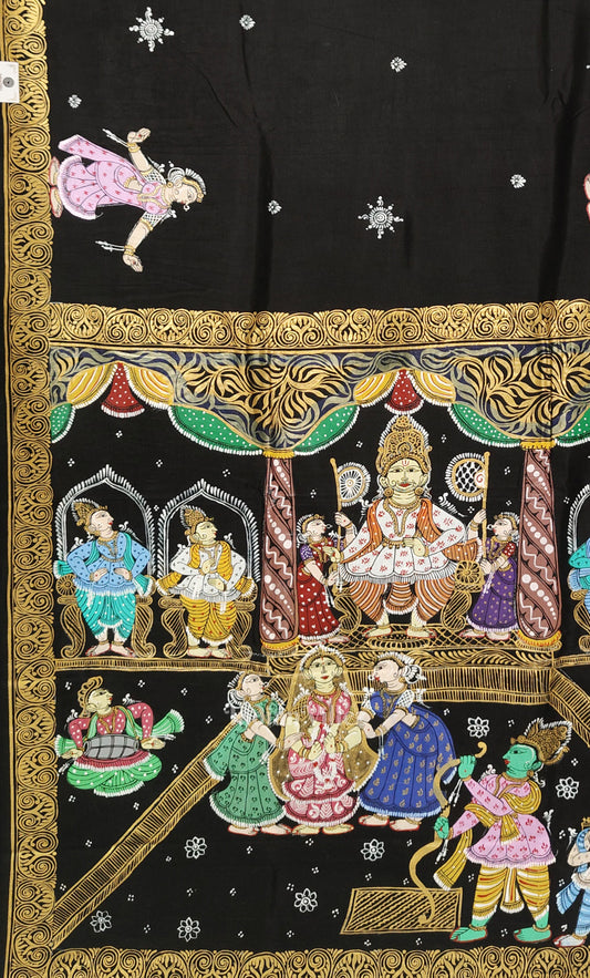 Black Ramayana Theme Hand-Painted Pattachitra Saree