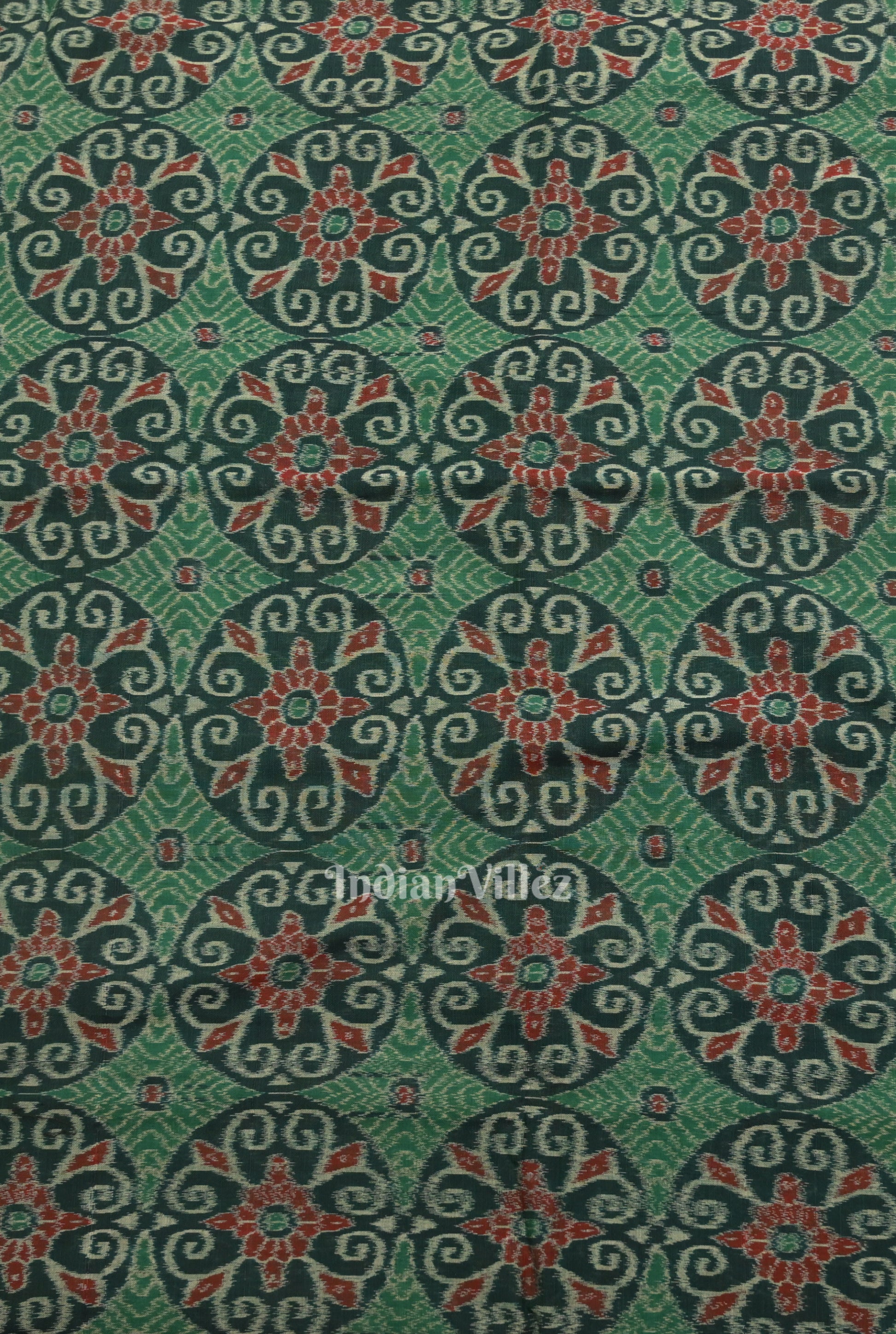 Green Flower Motif Sambalpuri Ikat Cotton Fabric
