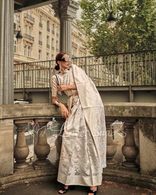 Off White Handwoven Pure Organza Silk Chikankaro Saree