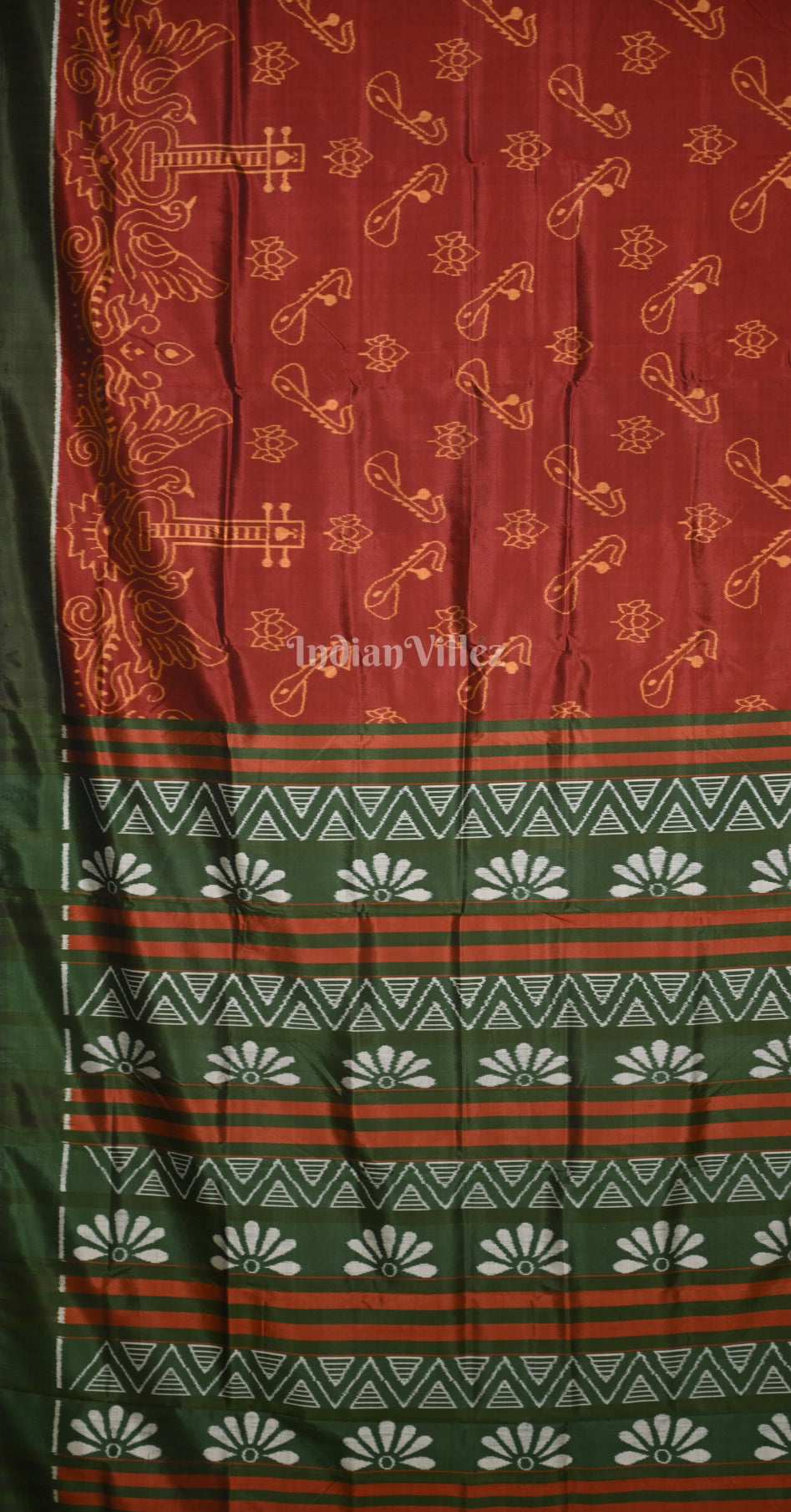 Maroon Bottle Green Veena Motif Contemporary Designer Silk Saree 