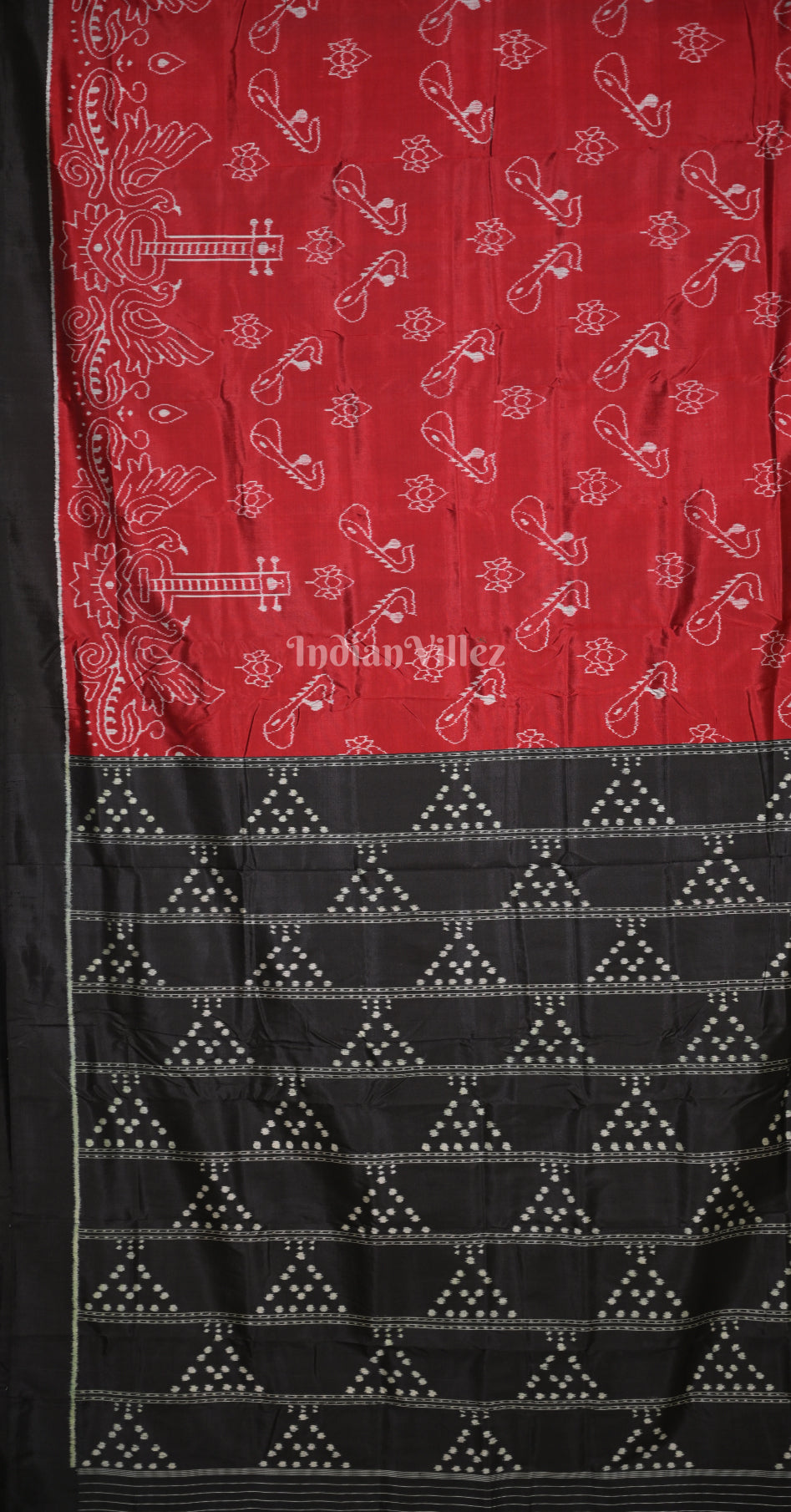 Red Black Veena Motif Contemporary Designer Silk Saree 