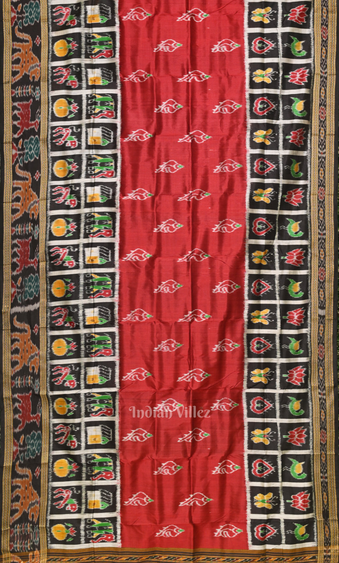 Red Black Sankha Motif Odisha Ikat Khandua Silk Saree
