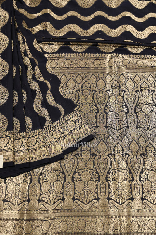 Navy Blue Meenakari Mashru Satin Silk Banarasi Saree 