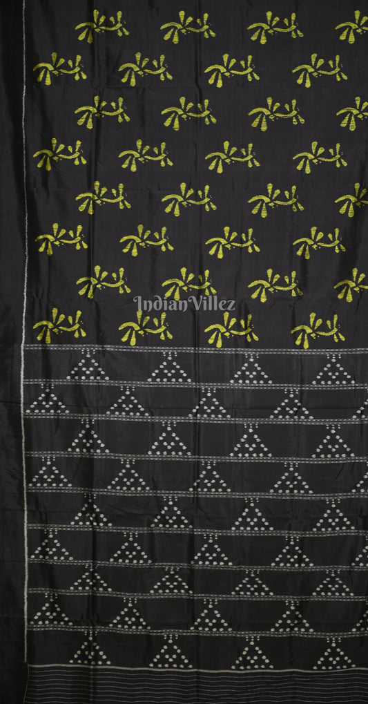 Neon Green Black Bird Motif Contemporary Designer Silk Saree