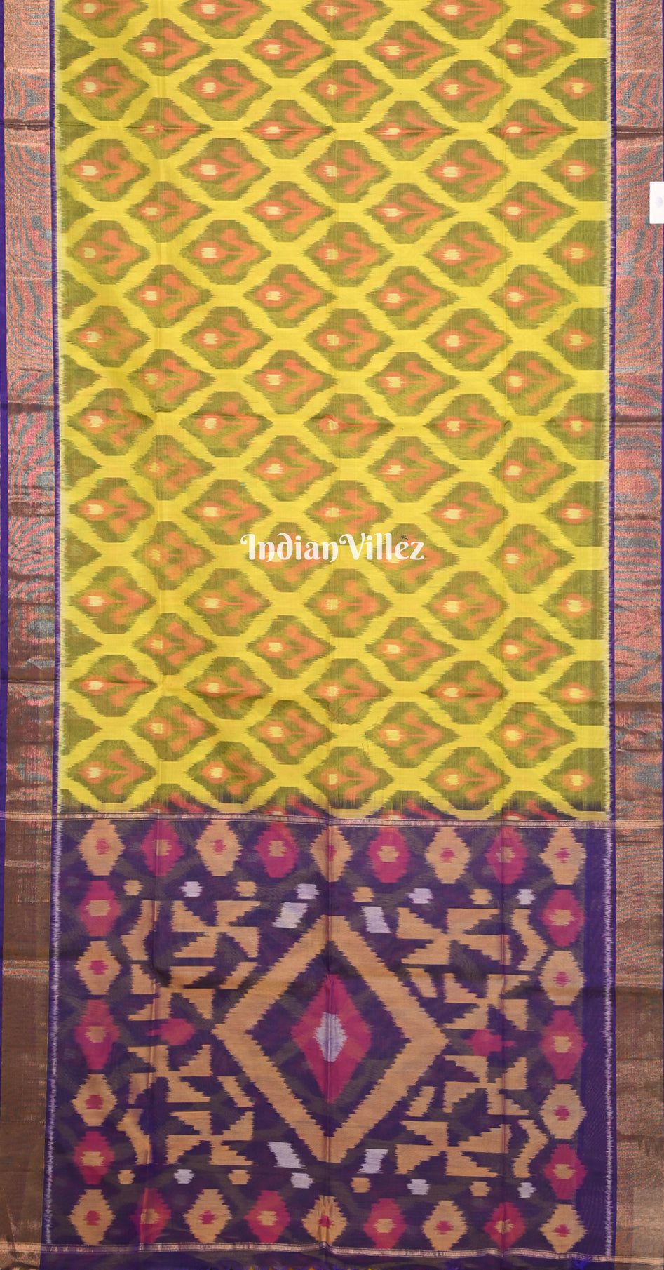 Lime Yellow Purple Pochampally Ikat Silk Cotton (Sico) Saree