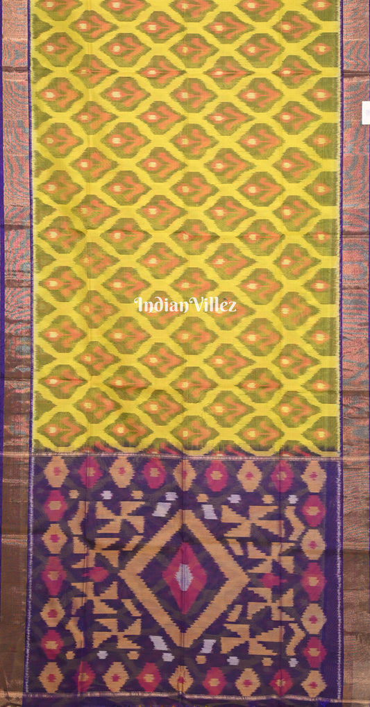 Lime Yellow Purple Pochampally Ikat Silk Cotton (Sico) Saree
