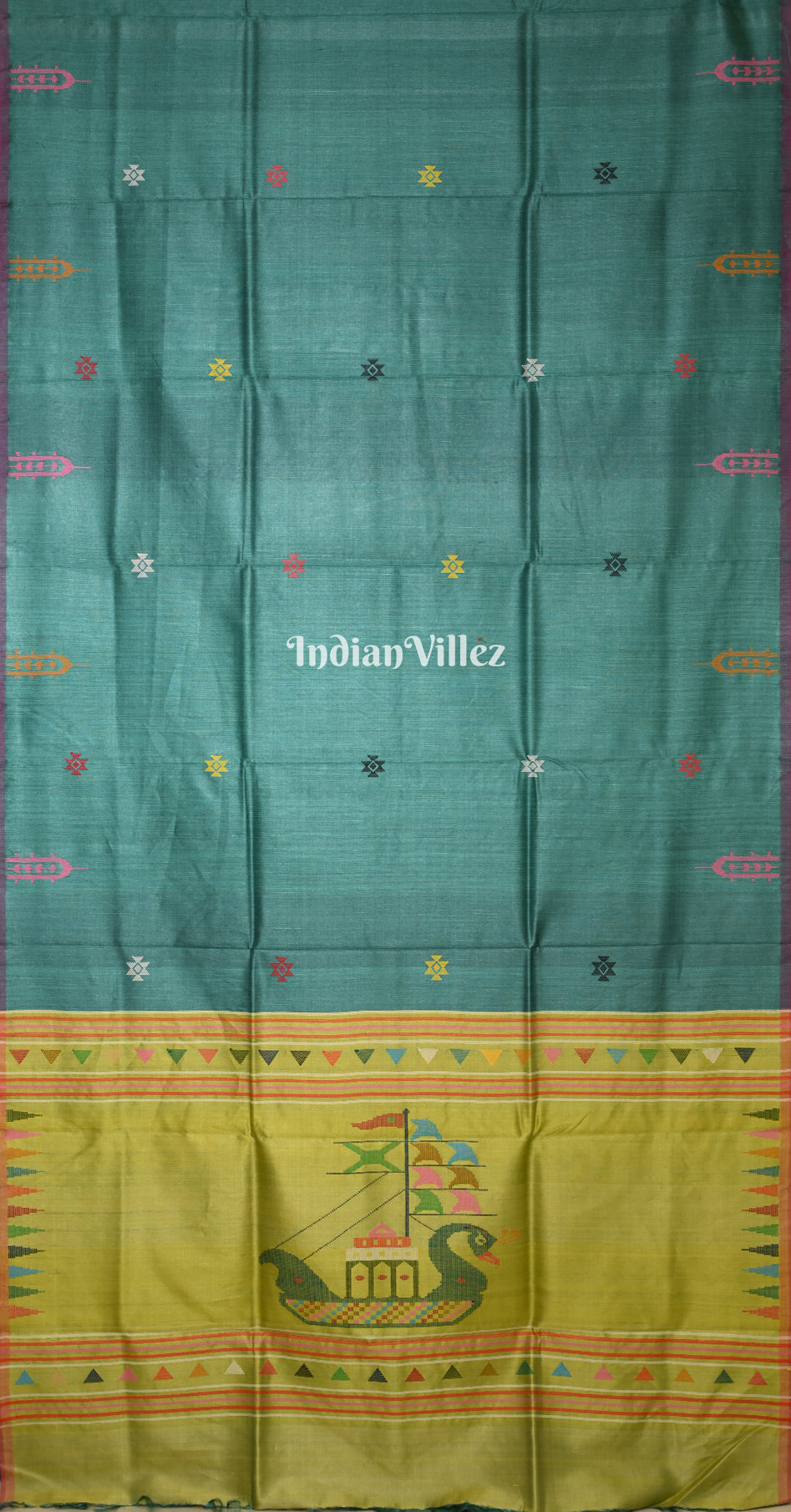Teal Green Olive Gopalpur Tussar Silk Saree with Boita Anchal