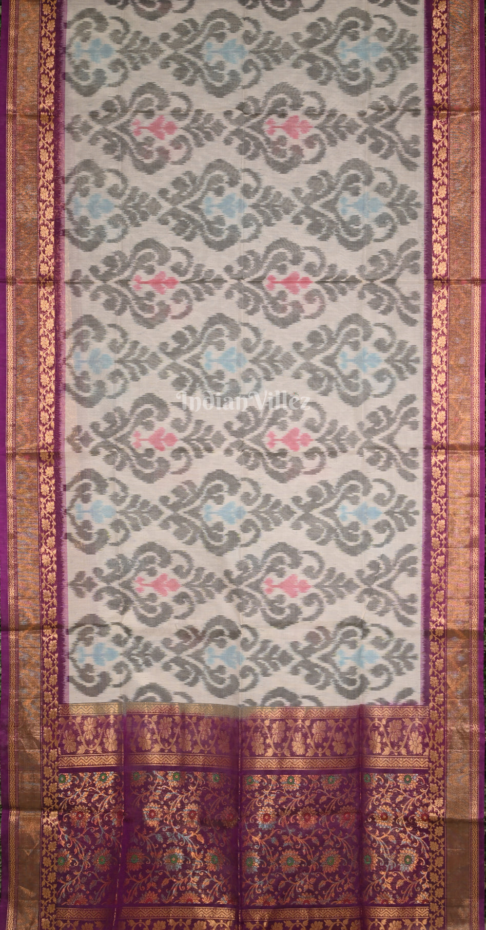 Off White Purple Pochampally Ikat Silk Cotton (Sico) Saree 