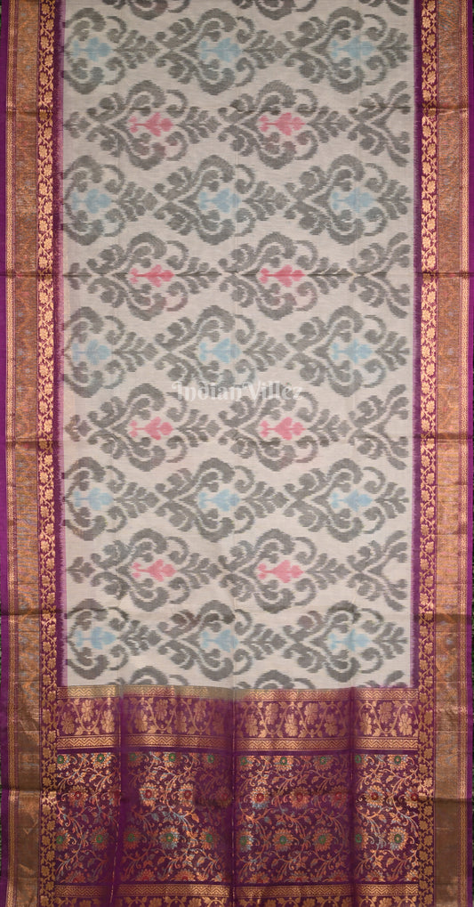Off White Purple Pochampally Ikat Silk Cotton (Sico) Saree 