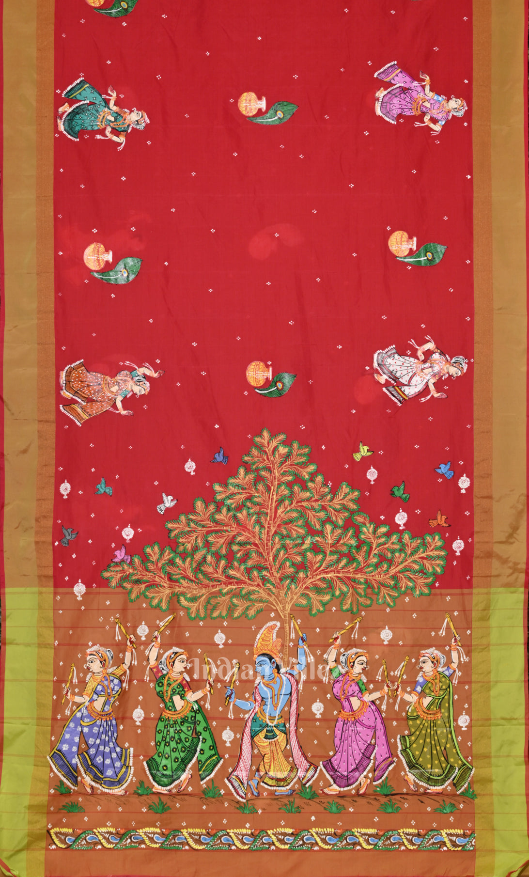 Red Green Raasleela Hand-Painted Pattachitra Saree 