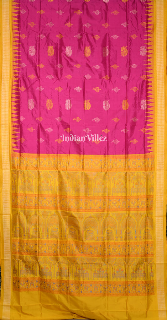 Rani Pink Mustard Yellow Sankha Lotus Motif Odisha Ikat Bomkai Sambalpuri Silk Saree