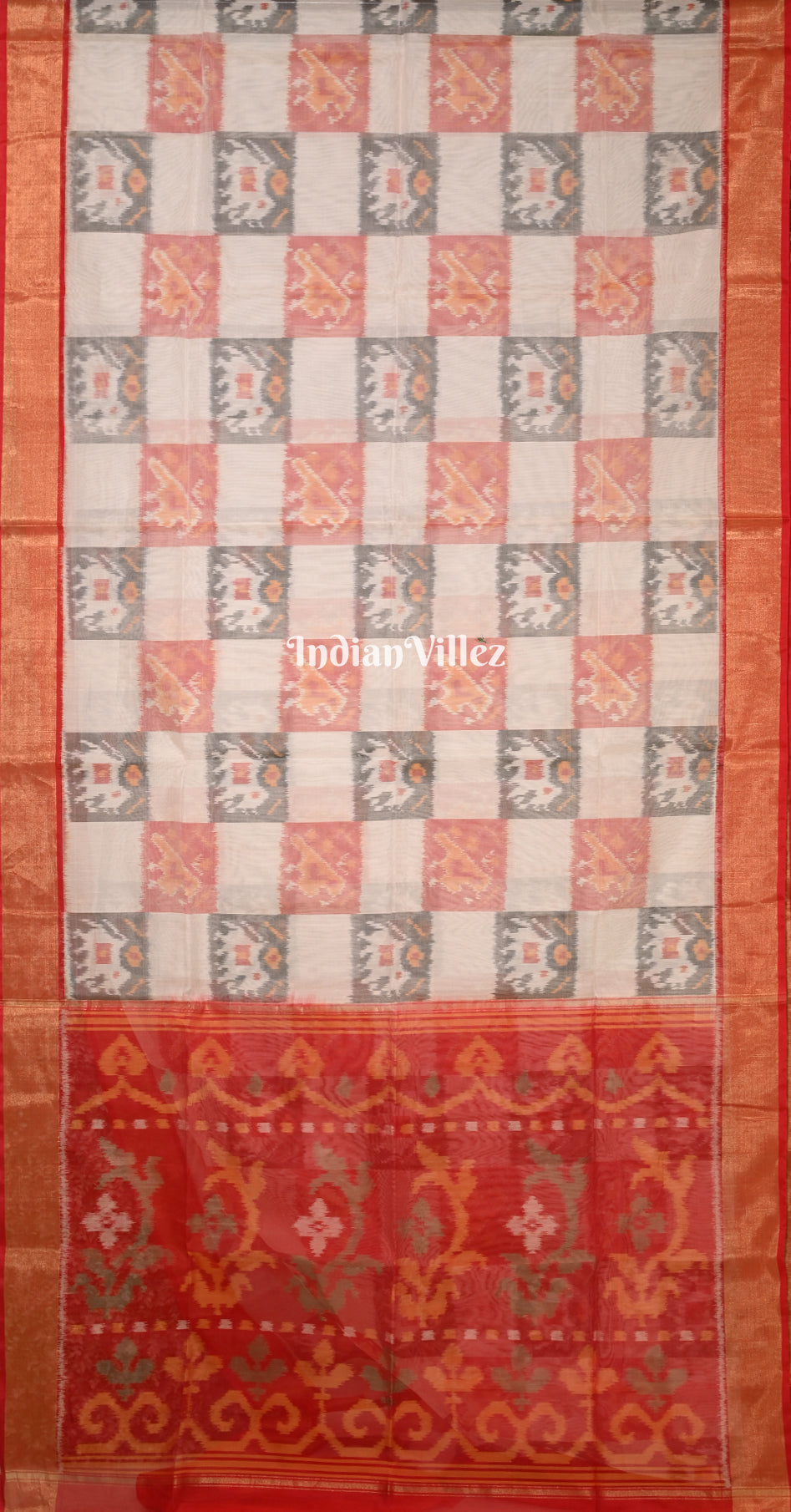 Off White Red Pochampally Ikat (Sico) Saree 
