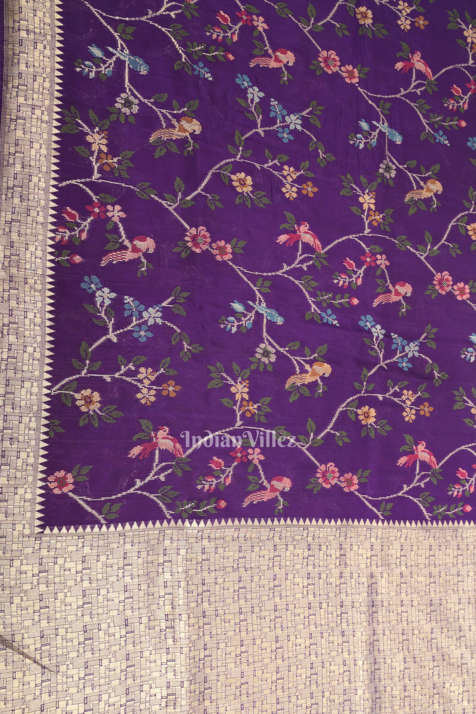 Violet Tussar with Silver Border Banarasi Silk Saree with Tassels
