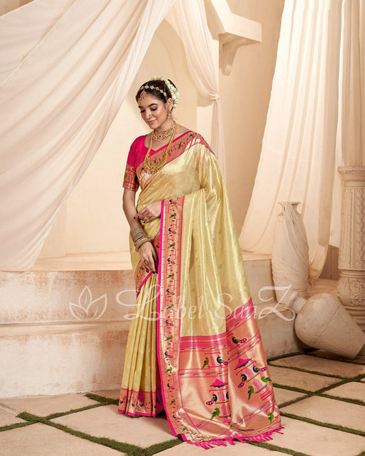 Yellow Rewa Tissue Handloom Paithani Saree