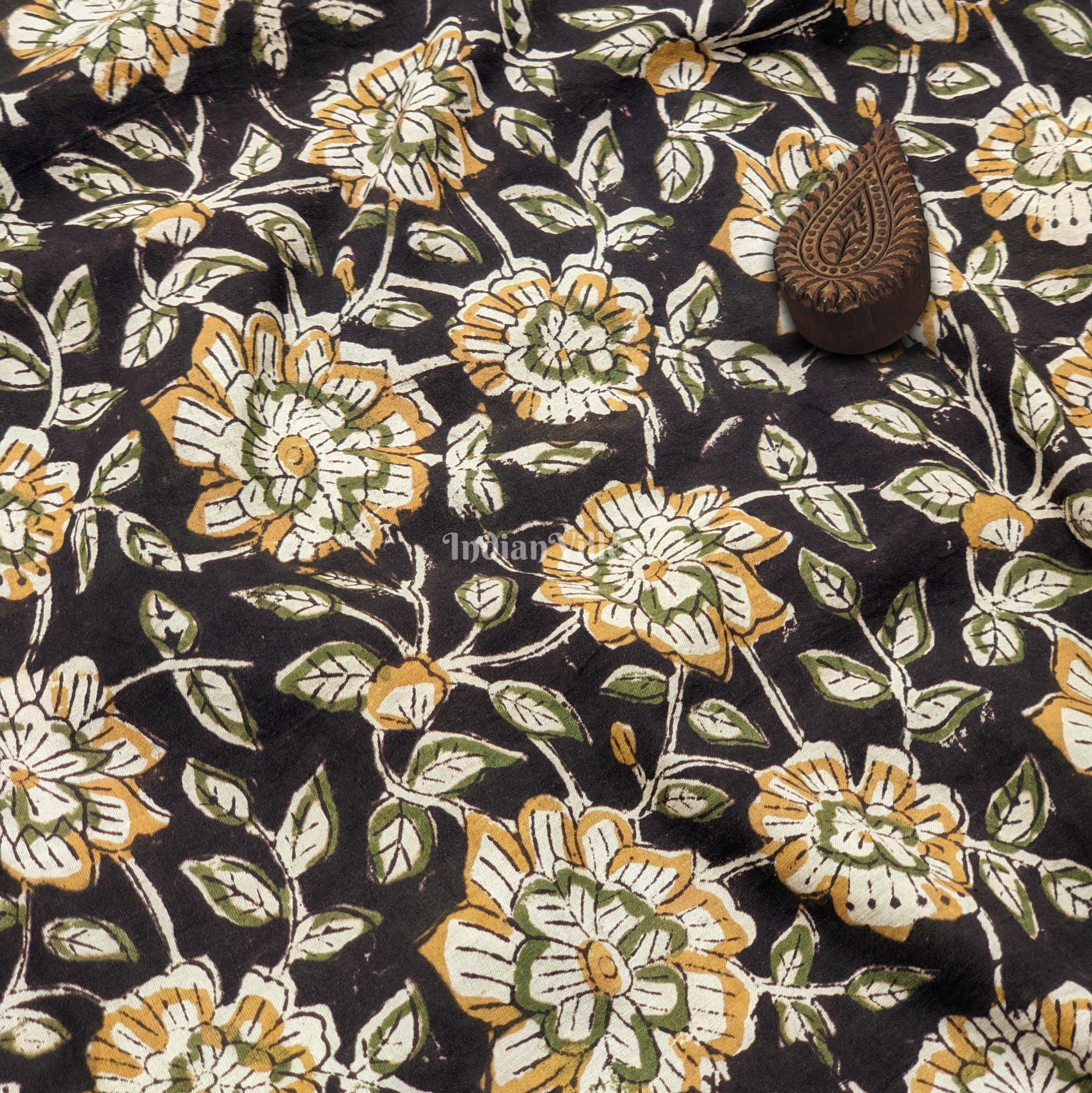 Dark Brown Floral Hand Block Printed Cotton Fabric