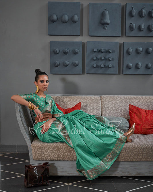 Green Handwoven Tussar Banarasi Saree with Copper Zari