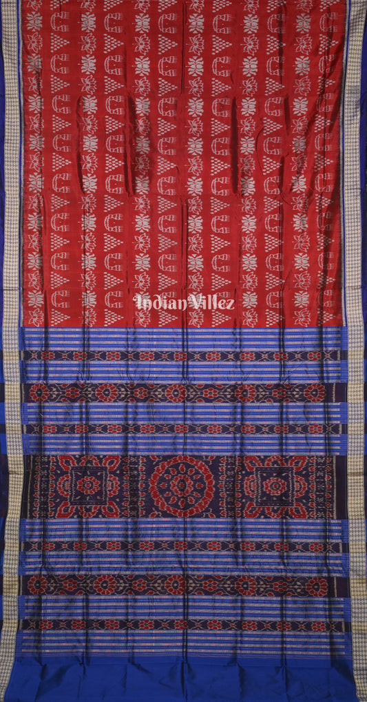Maroon Blue Laxmi Jhoti Theme Odisha Ikat Sambalpuri Silk Saree