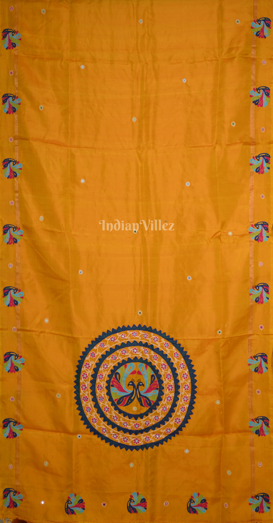 Mustard Yellow Peacock Motif Hand Embroidered Applique Work Saree