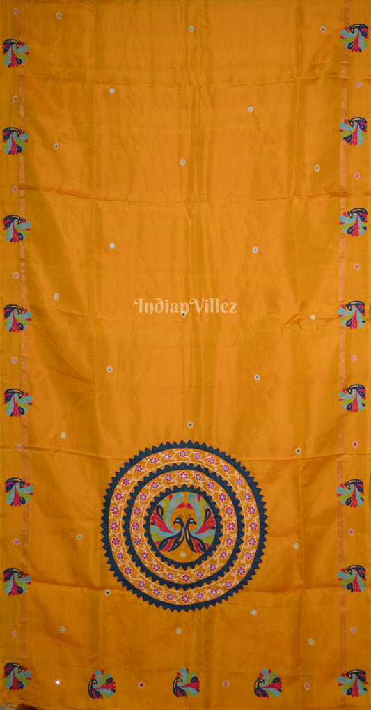 Mustard Yellow Peacock Motif Hand Embroidered Applique Work Saree