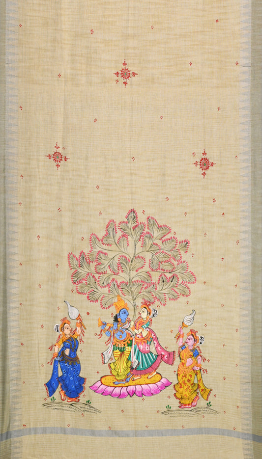 Cream Light Blue Radha Krishna Hand-Painted Tussar Pattachitra Dupatta