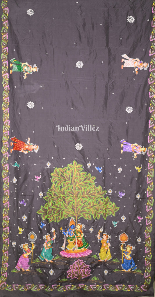 Black Krishna Rasa Leela Hand-Painted Pattachitra Saree