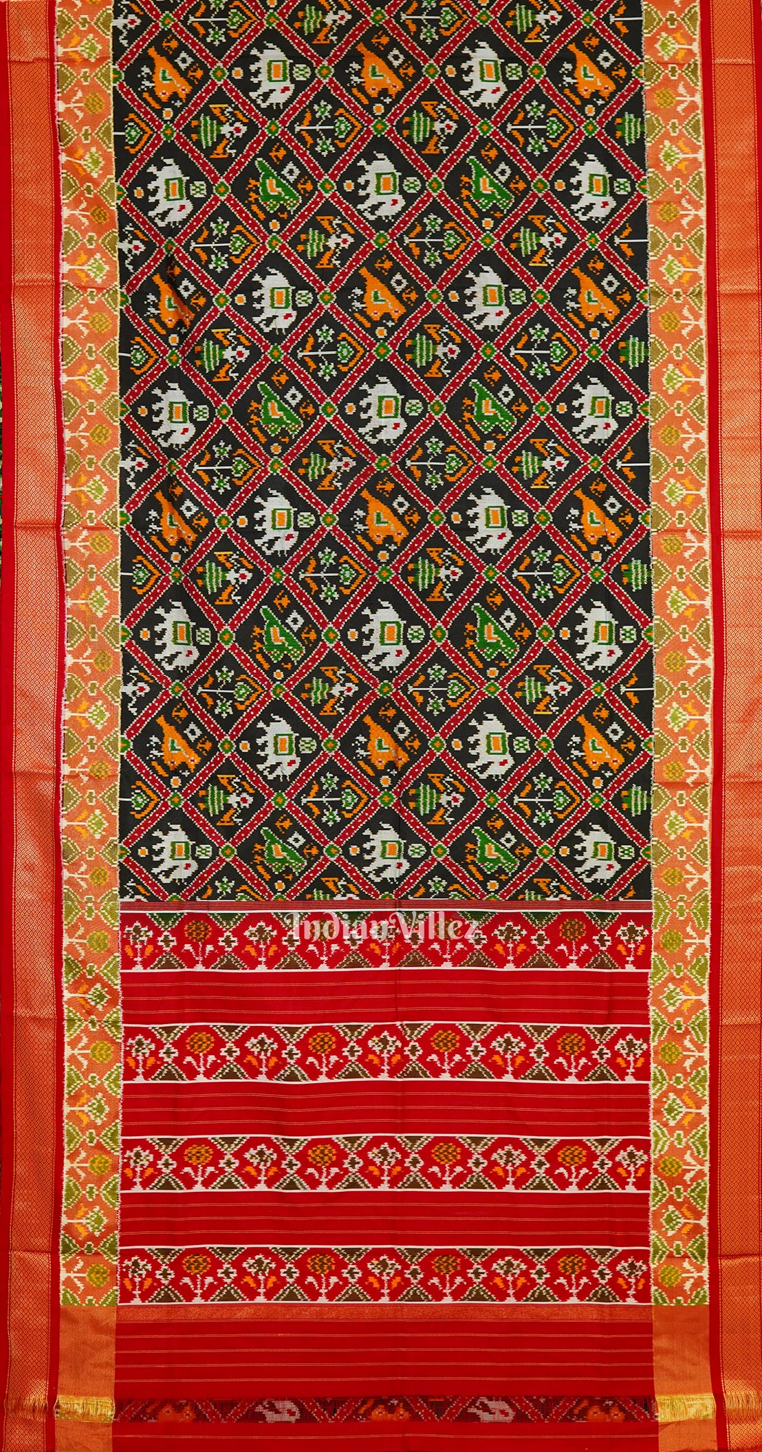Black With White Elephant Design Silk Handloom Pochampally Ikat Saree