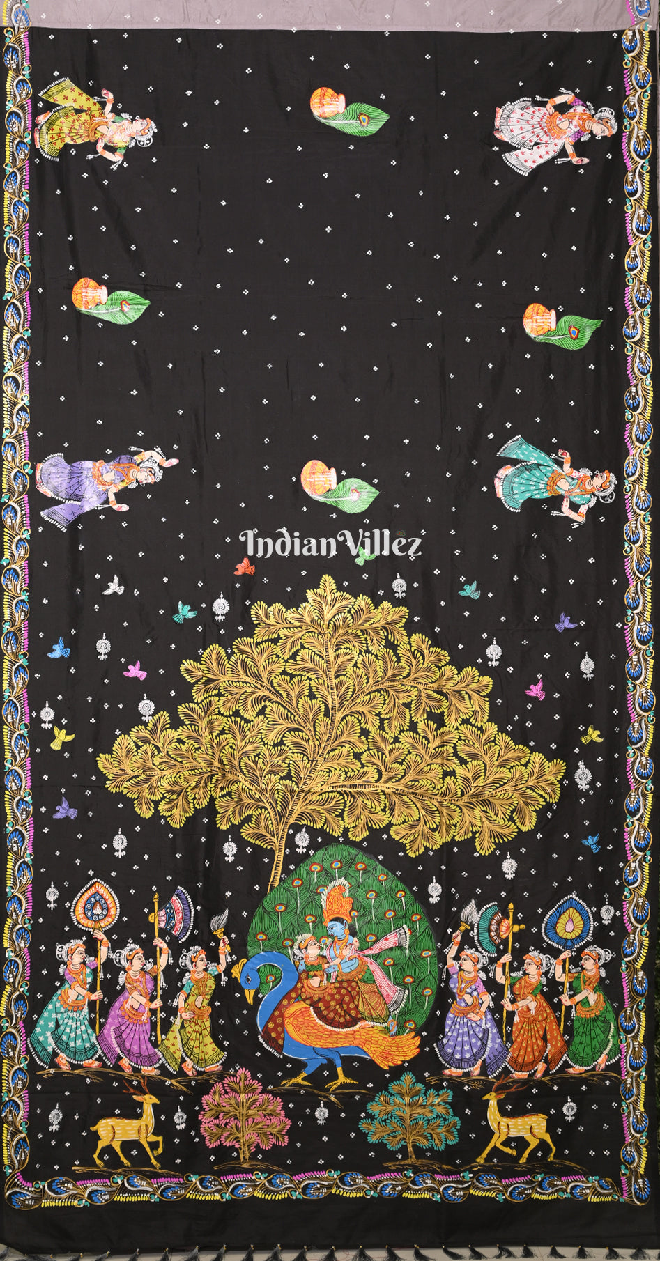Grey Black (Mayur) & Nartaki Theme Dual Tone Hand-Painted Pattachitra Saree 