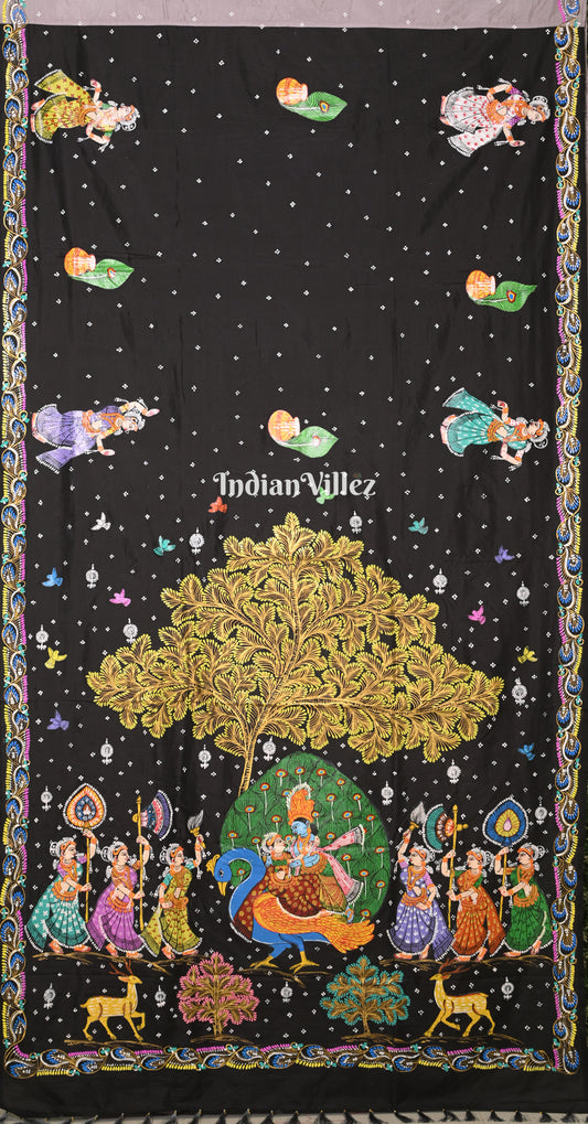 Grey Black (Mayur) & Nartaki Theme Dual Tone Hand-Painted Pattachitra Saree 